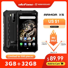 Load image into Gallery viewer, Ulefone Armor X5 MT6763 Octa core ip68 Rugged Waterproof Smartphone Android 9.0 Cell Phone 3GB 32GB NFC 4G LTE Mobile Phone