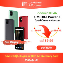 Load image into Gallery viewer, UMIDIGI Power 3 48MP Quad AI Camera 6150mAh Android 10 6.53" FHD+ 4GB64GB NFC Mobile Phone Triple Slots 10W FastReverse Charging
